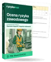 Pudełko dokumentu „Ocena ryzyka zawodowego” ze znakiem Ryzykomat i napisem „Plik Word (DOCX)” na froncie, ilustracja stanowiska „Operator koparki / koparko-ładowarki”; zza pudełka wystaje strona prawdziwego dokumentu z rozmytą treścią