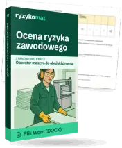 Pudełko dokumentu „Ocena ryzyka zawodowego” ze znakiem Ryzykomat i napisem „Plik Word (DOCX)” na froncie, ilustracja stanowiska „Operator maszyn do obróbki drewna”; zza pudełka wystaje strona prawdziwego dokumentu z rozmytą treścią