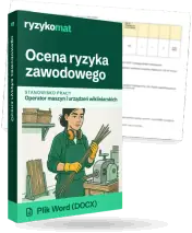 Pudełko dokumentu „Ocena ryzyka zawodowego” ze znakiem Ryzykomat i napisem „Plik Word (DOCX)” na froncie, ilustracja stanowiska „Operator maszyn i urządzeń wikliniarskich”; zza pudełka wystaje strona prawdziwego dokumentu z rozmytą treścią