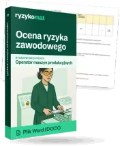 Pudełko dokumentu „Ocena ryzyka zawodowego” ze znakiem Ryzykomat i napisem „Plik Word (DOCX)” na froncie, ilustracja stanowiska „Operator maszyn produkcyjnych”; zza pudełka wystaje strona prawdziwego dokumentu z rozmytą treścią