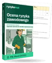 Pudełko dokumentu „Ocena ryzyka zawodowego” ze znakiem Ryzykomat i napisem „Plik Word (DOCX)” na froncie, ilustracja stanowiska „Operator pieców do obróbki cieplnej (hartownia)”; zza pudełka wystaje strona prawdziwego dokumentu z rozmytą treścią