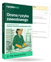 Pudełko dokumentu „Ocena ryzyka zawodowego” ze znakiem Ryzykomat i napisem „Plik Word (DOCX)” na froncie, ilustracja stanowiska „Operator maszyn do produkcji okien z PCV”; zza pudełka wystaje strona prawdziwego dokumentu z rozmytą treścią