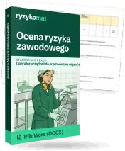 Pudełko dokumentu „Ocena ryzyka zawodowego” ze znakiem Ryzykomat i napisem „Plik Word (DOCX)” na froncie, ilustracja stanowiska „Operator urządzeń do przetwórstwa mięsa i drobiu”; zza pudełka wystaje strona prawdziwego dokumentu z rozmytą treścią