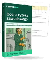 Pudełko dokumentu „Ocena ryzyka zawodowego” ze znakiem Ryzykomat i napisem „Plik Word (DOCX)” na froncie, ilustracja stanowiska „Pracownik instalacji przetwarzania odpadów”; zza pudełka wystaje strona prawdziwego dokumentu z rozmytą treścią