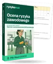 Pudełko dokumentu „Ocena ryzyka zawodowego” ze znakiem Ryzykomat i napisem „Plik Word (DOCX)” na froncie, ilustracja stanowiska „Operator zautomatyzowanej linii produkcyjnej”; zza pudełka wystaje strona prawdziwego dokumentu z rozmytą treścią