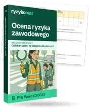 Pudełko dokumentu „Ocena ryzyka zawodowego” ze znakiem Ryzykomat i napisem „Plik Word (DOCX)” na froncie, ilustracja stanowiska „Opiekun dzieci na przejściu dla pieszych”; zza pudełka wystaje strona prawdziwego dokumentu z rozmytą treścią