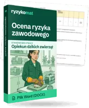 Pudełko dokumentu „Ocena ryzyka zawodowego” ze znakiem Ryzykomat i napisem „Plik Word (DOCX)” na froncie, ilustracja stanowiska „Opiekun dzikich zwierząt”; zza pudełka wystaje strona prawdziwego dokumentu z rozmytą treścią