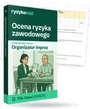 Pudełko dokumentu „Ocena ryzyka zawodowego” ze znakiem Ryzykomat i napisem „Plik Word (DOCX)” na froncie, ilustracja stanowiska „Organizator imprez”; zza pudełka wystaje strona prawdziwego dokumentu z rozmytą treścią