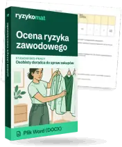 Pudełko dokumentu „Ocena ryzyka zawodowego” ze znakiem Ryzykomat i napisem „Plik Word (DOCX)” na froncie, ilustracja stanowiska „Osobisty doradca do spraw zakupów”; zza pudełka wystaje strona prawdziwego dokumentu z rozmytą treścią