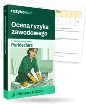 Pudełko dokumentu „Ocena ryzyka zawodowego” ze znakiem Ryzykomat i napisem „Plik Word (DOCX)” na froncie, ilustracja stanowiska „Parkieciarz”; zza pudełka wystaje strona prawdziwego dokumentu z rozmytą treścią