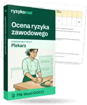 Pudełko dokumentu „Ocena ryzyka zawodowego” ze znakiem Ryzykomat i napisem „Plik Word (DOCX)” na froncie, ilustracja stanowiska „Piekarz”; zza pudełka wystaje strona prawdziwego dokumentu z rozmytą treścią