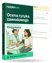 Pudełko dokumentu „Ocena ryzyka zawodowego” ze znakiem Ryzykomat i napisem „Plik Word (DOCX)” na froncie, ilustracja stanowiska „Pielęgniarka”; zza pudełka wystaje strona prawdziwego dokumentu z rozmytą treścią