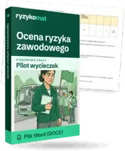 Pudełko dokumentu „Ocena ryzyka zawodowego” ze znakiem Ryzykomat i napisem „Plik Word (DOCX)” na froncie, ilustracja stanowiska „Pilot wycieczek”; zza pudełka wystaje strona prawdziwego dokumentu z rozmytą treścią