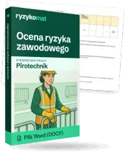 Pudełko dokumentu „Ocena ryzyka zawodowego” ze znakiem Ryzykomat i napisem „Plik Word (DOCX)” na froncie, ilustracja stanowiska „Pirotechnik”; zza pudełka wystaje strona prawdziwego dokumentu z rozmytą treścią
