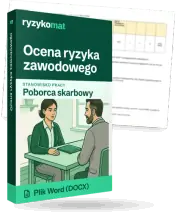 Pudełko dokumentu „Ocena ryzyka zawodowego” ze znakiem Ryzykomat i napisem „Plik Word (DOCX)” na froncie, ilustracja stanowiska „Poborca skarbowy”; zza pudełka wystaje strona prawdziwego dokumentu z rozmytą treścią