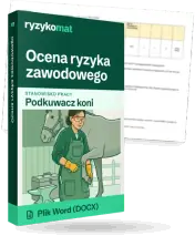 Pudełko dokumentu „Ocena ryzyka zawodowego” ze znakiem Ryzykomat i napisem „Plik Word (DOCX)” na froncie, ilustracja stanowiska „Podkuwacz koni”; zza pudełka wystaje strona prawdziwego dokumentu z rozmytą treścią