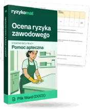 Pudełko dokumentu „Ocena ryzyka zawodowego” ze znakiem Ryzykomat i napisem „Plik Word (DOCX)” na froncie, ilustracja stanowiska „Pomoc apteczna”; zza pudełka wystaje strona prawdziwego dokumentu z rozmytą treścią