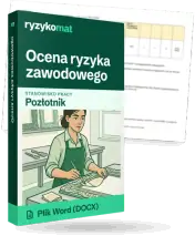 Pudełko dokumentu „Ocena ryzyka zawodowego” ze znakiem Ryzykomat i napisem „Plik Word (DOCX)” na froncie, ilustracja stanowiska „Pozłotnik”; zza pudełka wystaje strona prawdziwego dokumentu z rozmytą treścią