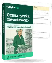 Pudełko dokumentu „Ocena ryzyka zawodowego” ze znakiem Ryzykomat i napisem „Plik Word (DOCX)” na froncie, ilustracja stanowiska „Pracownik firmy kateringowej”; zza pudełka wystaje strona prawdziwego dokumentu z rozmytą treścią