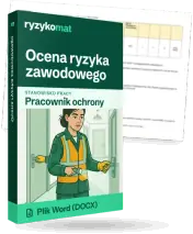 Pudełko dokumentu „Ocena ryzyka zawodowego” ze znakiem Ryzykomat i napisem „Plik Word (DOCX)” na froncie, ilustracja stanowiska „Pracownik ochrony”; zza pudełka wystaje strona prawdziwego dokumentu z rozmytą treścią