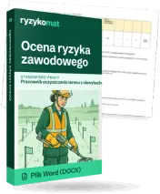 Pudełko dokumentu „Ocena ryzyka zawodowego” ze znakiem Ryzykomat i napisem „Plik Word (DOCX)” na froncie, ilustracja stanowiska „Pracownik oczyszczania terenu z niewybuchów”; zza pudełka wystaje strona prawdziwego dokumentu z rozmytą treścią