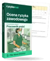 Pudełko dokumentu „Ocena ryzyka zawodowego” ze znakiem Ryzykomat i napisem „Plik Word (DOCX)” na froncie, ilustracja stanowiska „Pracownik pralni”; zza pudełka wystaje strona prawdziwego dokumentu z rozmytą treścią