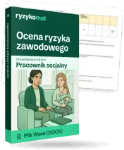 Pudełko dokumentu „Ocena ryzyka zawodowego” ze znakiem Ryzykomat i napisem „Plik Word (DOCX)” na froncie, ilustracja stanowiska „Pracownik socjalny”; zza pudełka wystaje strona prawdziwego dokumentu z rozmytą treścią
