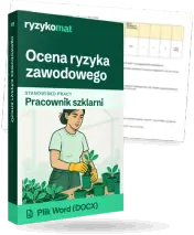 Pudełko dokumentu „Ocena ryzyka zawodowego” ze znakiem Ryzykomat i napisem „Plik Word (DOCX)” na froncie, ilustracja stanowiska „Pracownik szklarni”; zza pudełka wystaje strona prawdziwego dokumentu z rozmytą treścią