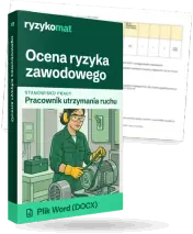Pudełko dokumentu „Ocena ryzyka zawodowego” ze znakiem Ryzykomat i napisem „Plik Word (DOCX)” na froncie, ilustracja stanowiska „Pracownik utrzymania ruchu”; zza pudełka wystaje strona prawdziwego dokumentu z rozmytą treścią