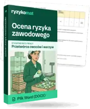 Pudełko dokumentu „Ocena ryzyka zawodowego” ze znakiem Ryzykomat i napisem „Plik Word (DOCX)” na froncie, ilustracja stanowiska „Przetwórca owoców i warzyw”; zza pudełka wystaje strona prawdziwego dokumentu z rozmytą treścią