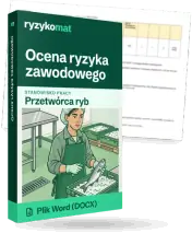 Pudełko dokumentu „Ocena ryzyka zawodowego” ze znakiem Ryzykomat i napisem „Plik Word (DOCX)” na froncie, ilustracja stanowiska „Przetwórca ryb”; zza pudełka wystaje strona prawdziwego dokumentu z rozmytą treścią
