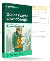 Pudełko dokumentu „Ocena ryzyka zawodowego” ze znakiem Ryzykomat i napisem „Plik Word (DOCX)” na froncie, ilustracja stanowiska „Ratownik górski”; zza pudełka wystaje strona prawdziwego dokumentu z rozmytą treścią