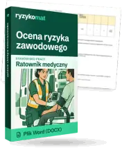 Pudełko dokumentu „Ocena ryzyka zawodowego” ze znakiem Ryzykomat i napisem „Plik Word (DOCX)” na froncie, ilustracja stanowiska „Ratownik medyczny”; zza pudełka wystaje strona prawdziwego dokumentu z rozmytą treścią