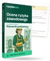 Pudełko dokumentu „Ocena ryzyka zawodowego” ze znakiem Ryzykomat i napisem „Plik Word (DOCX)” na froncie, ilustracja stanowiska „Ratownik pokładowy”; zza pudełka wystaje strona prawdziwego dokumentu z rozmytą treścią