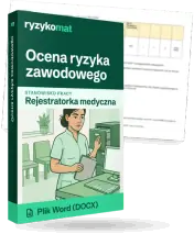 Pudełko dokumentu „Ocena ryzyka zawodowego” ze znakiem Ryzykomat i napisem „Plik Word (DOCX)” na froncie, ilustracja stanowiska „Rejestratorka medyczna”; zza pudełka wystaje strona prawdziwego dokumentu z rozmytą treścią