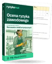 Pudełko dokumentu „Ocena ryzyka zawodowego” ze znakiem Ryzykomat i napisem „Plik Word (DOCX)” na froncie, ilustracja stanowiska „Renowator mebli artystycznych”; zza pudełka wystaje strona prawdziwego dokumentu z rozmytą treścią