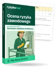 Pudełko dokumentu „Ocena ryzyka zawodowego” ze znakiem Ryzykomat i napisem „Plik Word (DOCX)” na froncie, ilustracja stanowiska „Renowator zabytków architektury”; zza pudełka wystaje strona prawdziwego dokumentu z rozmytą treścią