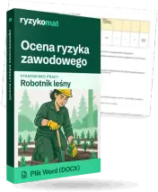 Pudełko dokumentu „Ocena ryzyka zawodowego” ze znakiem Ryzykomat i napisem „Plik Word (DOCX)” na froncie, ilustracja stanowiska „Robotnik leśny”; zza pudełka wystaje strona prawdziwego dokumentu z rozmytą treścią
