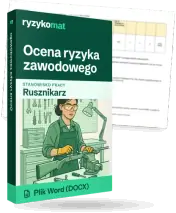 Pudełko dokumentu „Ocena ryzyka zawodowego” ze znakiem Ryzykomat i napisem „Plik Word (DOCX)” na froncie, ilustracja stanowiska „Rusznikarz”; zza pudełka wystaje strona prawdziwego dokumentu z rozmytą treścią