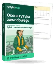 Pudełko dokumentu „Ocena ryzyka zawodowego” ze znakiem Ryzykomat i napisem „Plik Word (DOCX)” na froncie, ilustracja stanowiska „Rybak rybołówstwa morskiego”; zza pudełka wystaje strona prawdziwego dokumentu z rozmytą treścią