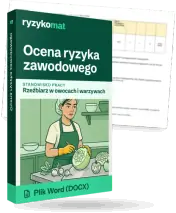 Pudełko dokumentu „Ocena ryzyka zawodowego” ze znakiem Ryzykomat i napisem „Plik Word (DOCX)” na froncie, ilustracja stanowiska „Rzeźbiarz w owocach i warzywach”; zza pudełka wystaje strona prawdziwego dokumentu z rozmytą treścią
