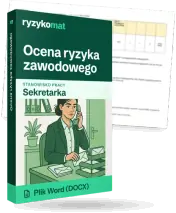 Pudełko dokumentu „Ocena ryzyka zawodowego” ze znakiem Ryzykomat i napisem „Plik Word (DOCX)” na froncie, ilustracja stanowiska „Sekretarka”; zza pudełka wystaje strona prawdziwego dokumentu z rozmytą treścią