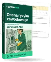 Pudełko dokumentu „Ocena ryzyka zawodowego” ze znakiem Ryzykomat i napisem „Plik Word (DOCX)” na froncie, ilustracja stanowiska „Serwisant AGD”; zza pudełka wystaje strona prawdziwego dokumentu z rozmytą treścią