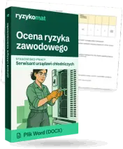 Pudełko dokumentu „Ocena ryzyka zawodowego” ze znakiem Ryzykomat i napisem „Plik Word (DOCX)” na froncie, ilustracja stanowiska „Serwisant urządzeń chłodniczych”; zza pudełka wystaje strona prawdziwego dokumentu z rozmytą treścią