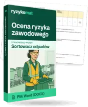 Pudełko dokumentu „Ocena ryzyka zawodowego” ze znakiem Ryzykomat i napisem „Plik Word (DOCX)” na froncie, ilustracja stanowiska „Sortowacz odpadów”; zza pudełka wystaje strona prawdziwego dokumentu z rozmytą treścią