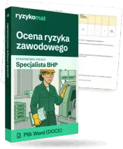 Pudełko dokumentu „Ocena ryzyka zawodowego” ze znakiem Ryzykomat i napisem „Plik Word (DOCX)” na froncie, ilustracja stanowiska „Specjalista BHP”; zza pudełka wystaje strona prawdziwego dokumentu z rozmytą treścią