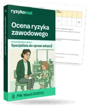Pudełko dokumentu „Ocena ryzyka zawodowego” ze znakiem Ryzykomat i napisem „Plik Word (DOCX)” na froncie, ilustracja stanowiska „Specjalista do spraw adopcji”; zza pudełka wystaje strona prawdziwego dokumentu z rozmytą treścią