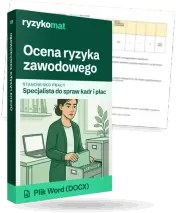 Pudełko dokumentu „Ocena ryzyka zawodowego” ze znakiem Ryzykomat i napisem „Plik Word (DOCX)” na froncie, ilustracja stanowiska „Specjalista do spraw kadr i płac”; zza pudełka wystaje strona prawdziwego dokumentu z rozmytą treścią