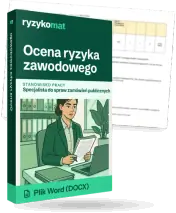 Pudełko dokumentu „Ocena ryzyka zawodowego” ze znakiem Ryzykomat i napisem „Plik Word (DOCX)” na froncie, ilustracja stanowiska „Specjalista do spraw zamówień publicznych”; zza pudełka wystaje strona prawdziwego dokumentu z rozmytą treścią