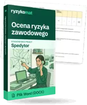 Pudełko dokumentu „Ocena ryzyka zawodowego” ze znakiem Ryzykomat i napisem „Plik Word (DOCX)” na froncie, ilustracja stanowiska „Spedytor”; zza pudełka wystaje strona prawdziwego dokumentu z rozmytą treścią